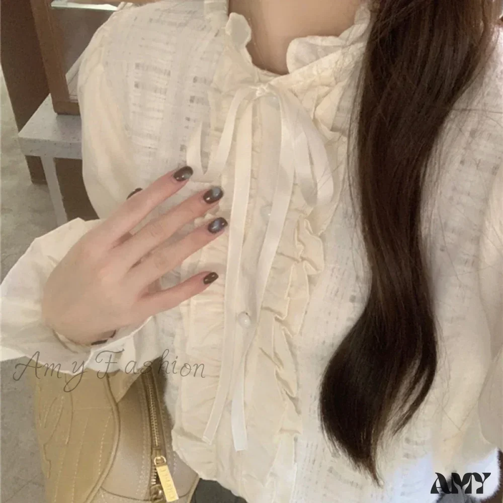 Elegant Lace Trim O-Neck Fall Sweet Cute Blouse - Image 4