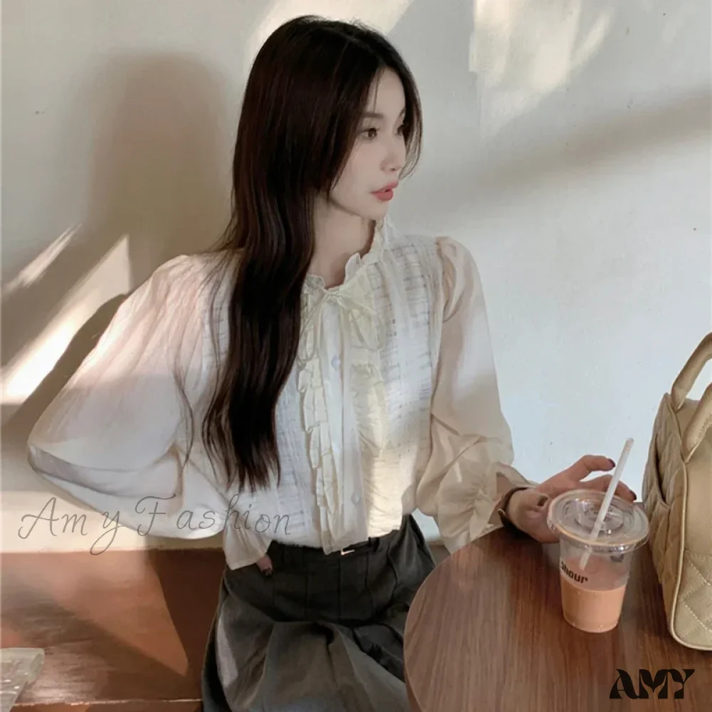Elegant Lace Trim O-Neck Fall Sweet Cute Blouse - Image 5