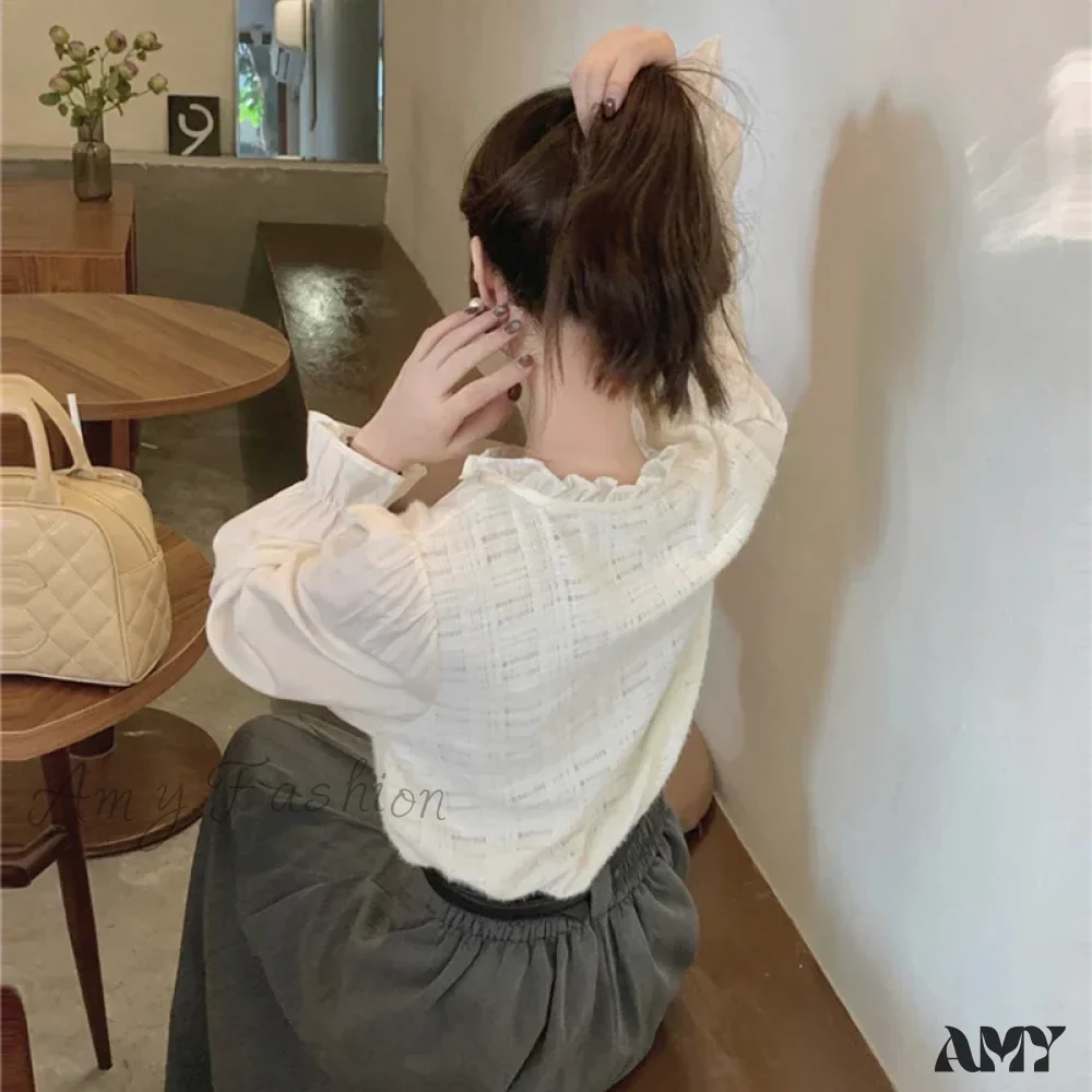 Elegant Lace Trim O-Neck Fall Sweet Cute Blouse - Image 6