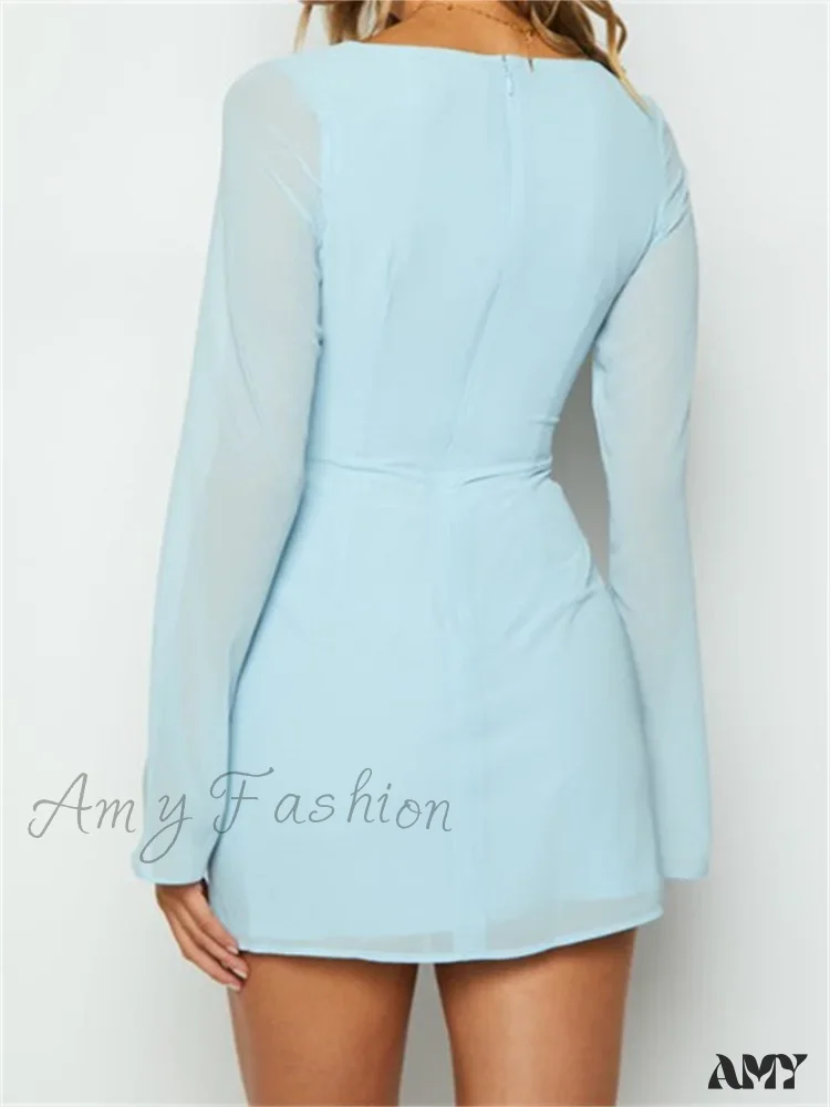 Amy Fashion - Elegant Long Sleeve Solid Casual Deep V Neck Mini Dress - Image 2