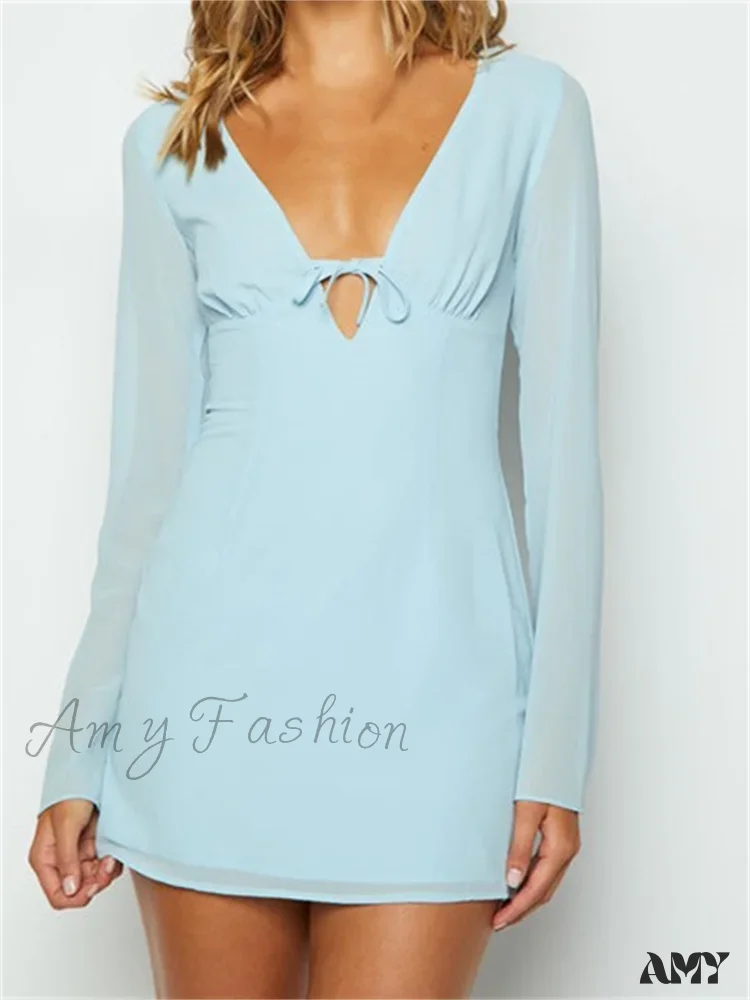 Amy Fashion - Elegant Long Sleeve Solid Casual Deep V Neck Mini Dress - Image 5