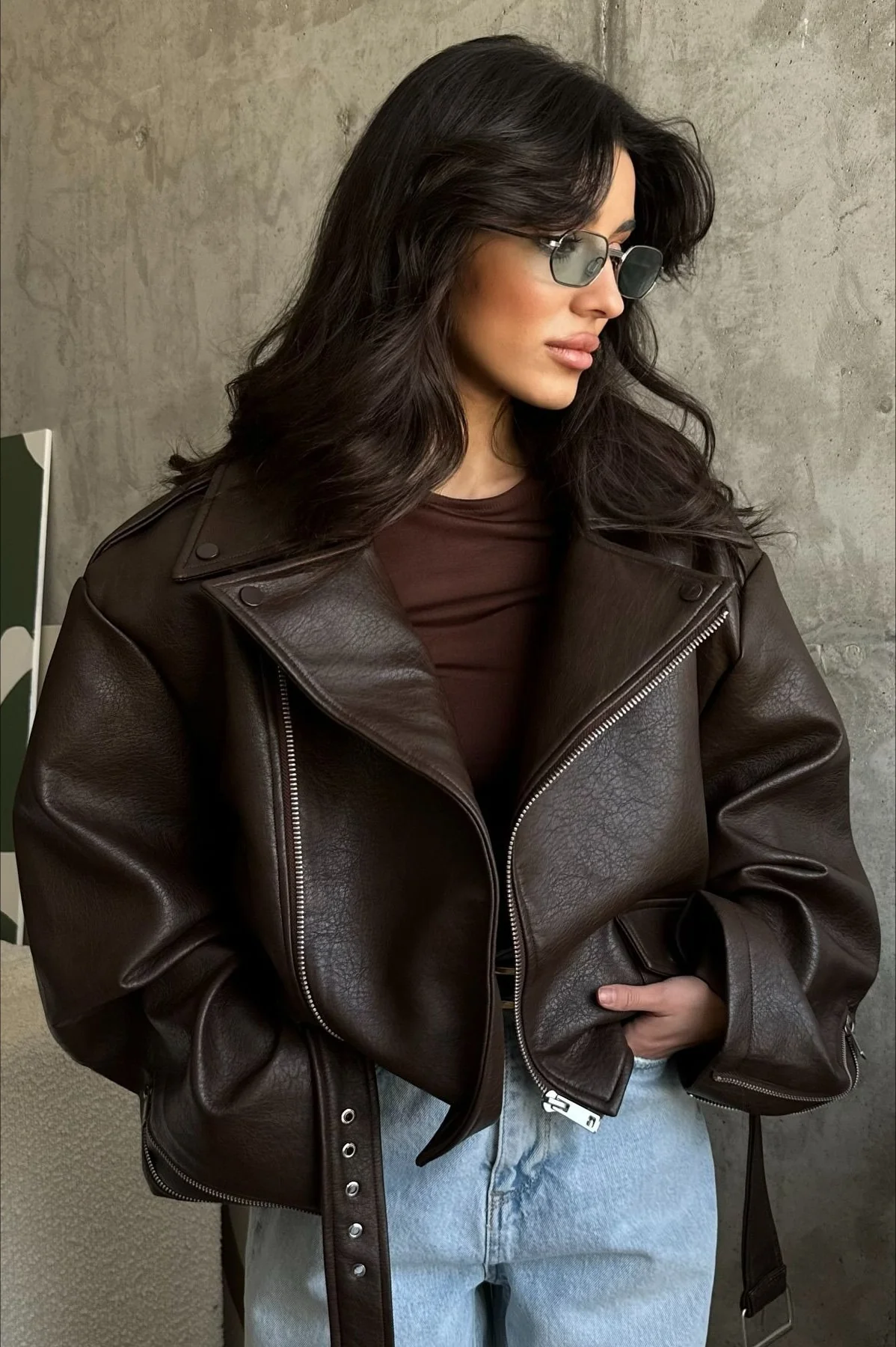 Elegant Retro Belted Biker Leather Jacket - Image 2