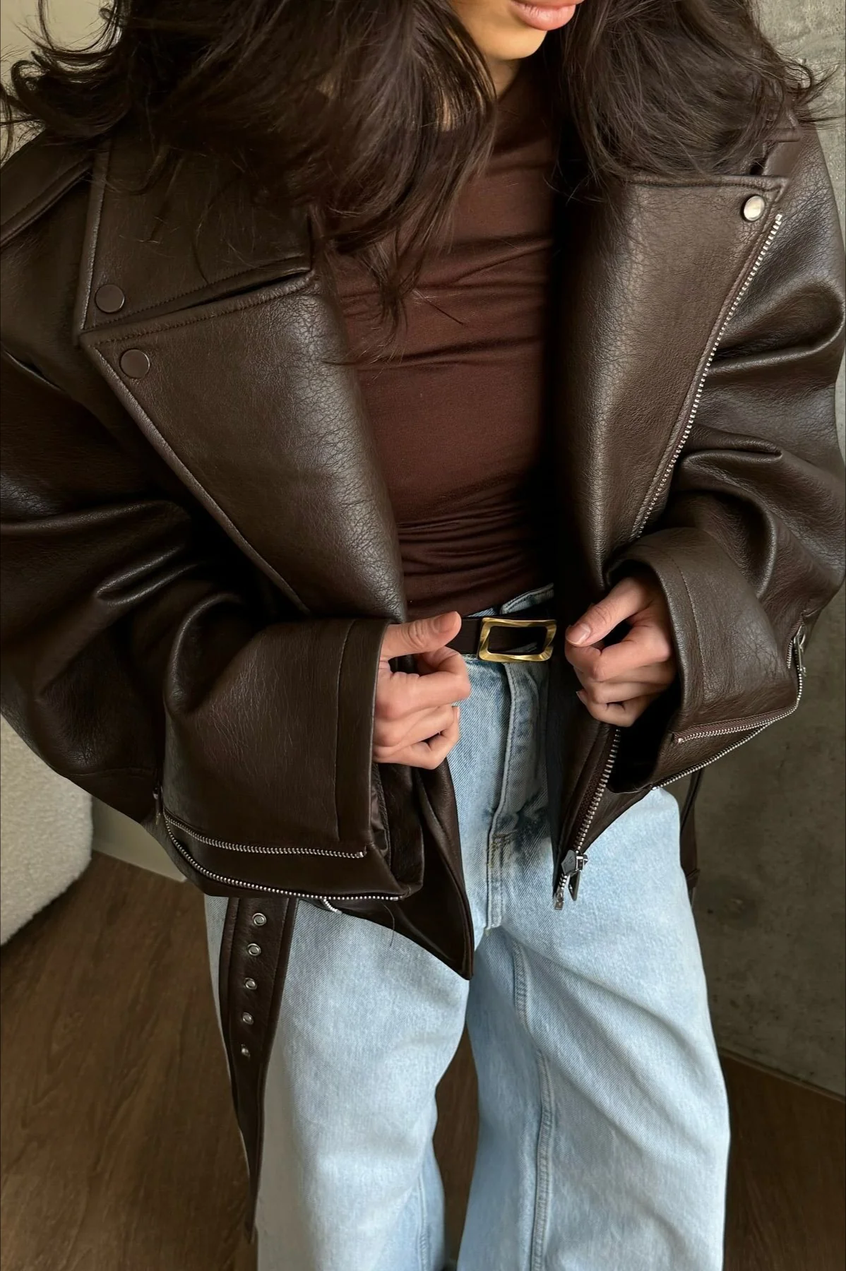 Elegant Retro Belted Biker Leather Jacket - Image 4