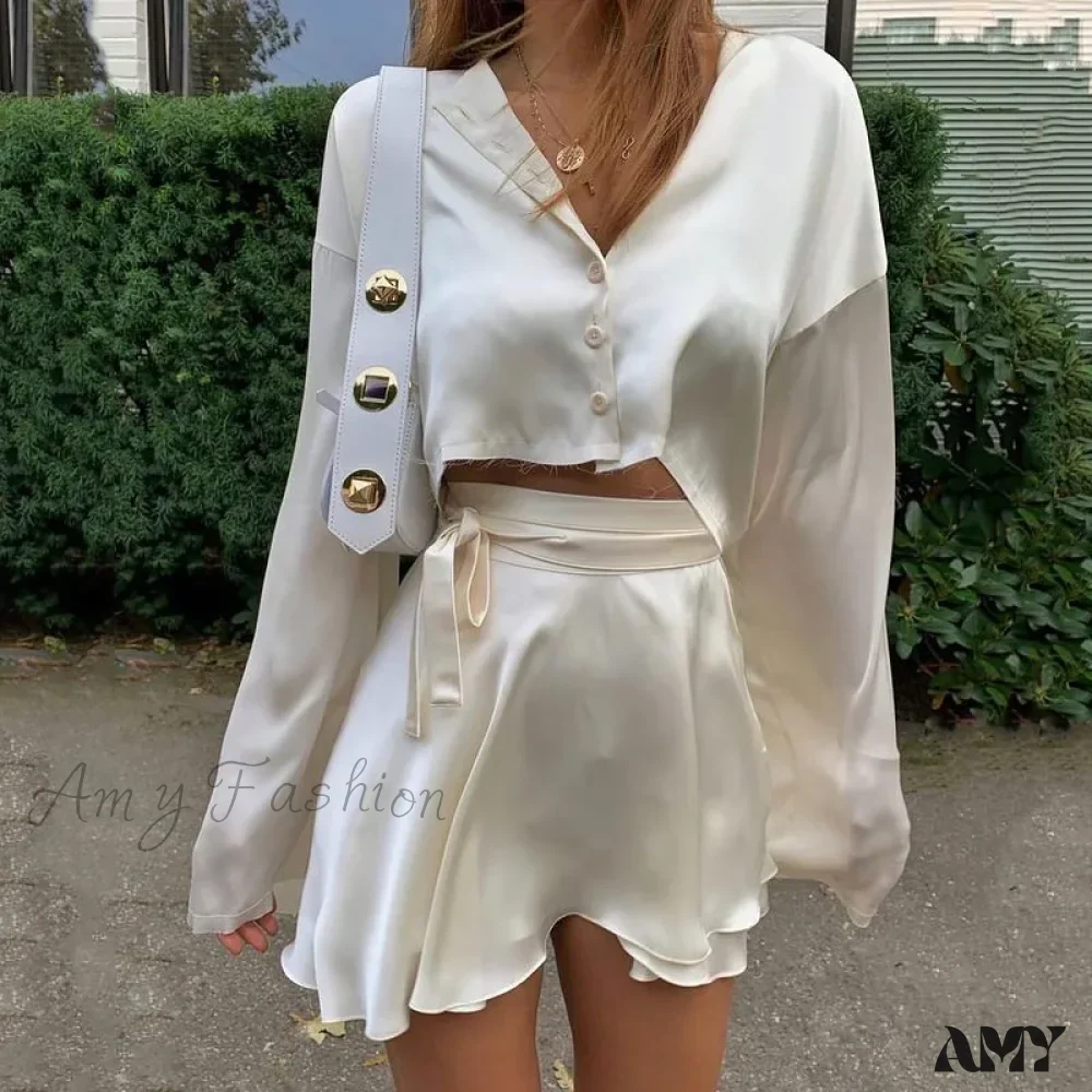 Elegant Satin Two Piece Set Lantern Long Sleeves Crop Tops Cardigan High Waist Mini Skirt - Image 3