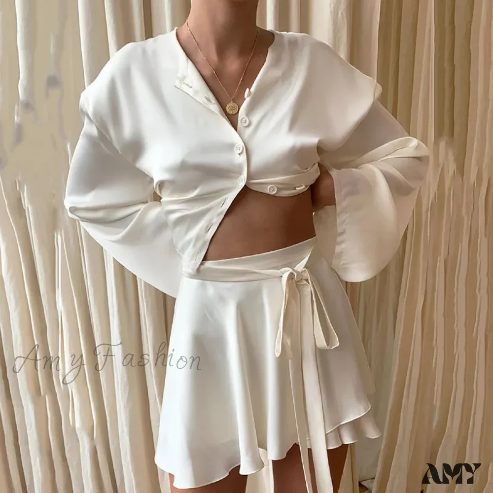 Elegant Satin Two Piece Set Lantern Long Sleeves Crop Tops Cardigan High Waist Mini Skirt - Image 4