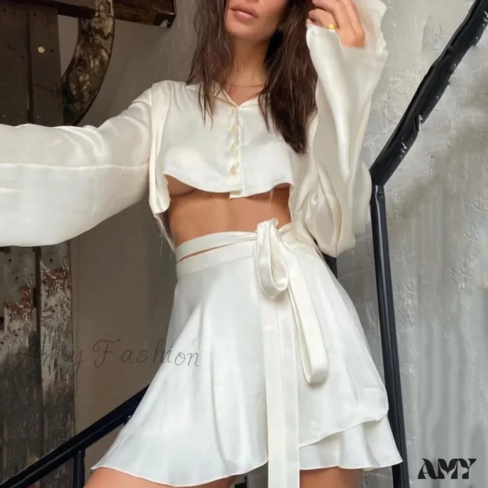 Elegant Satin Two Piece Set Lantern Long Sleeves Crop Tops Cardigan High Waist Mini Skirt - Image 5