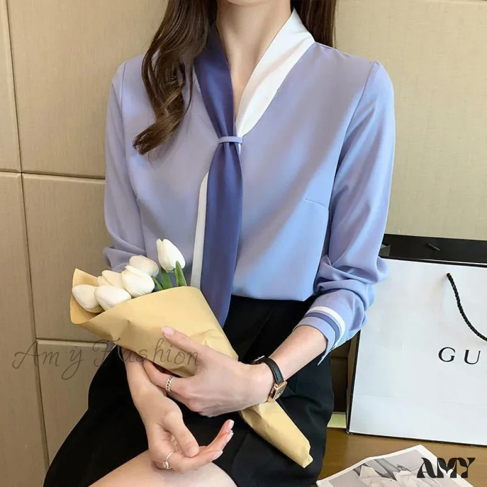 Elegant Scarf Collar Beading Spring Autumn Casual Tops Blouse - Image 2