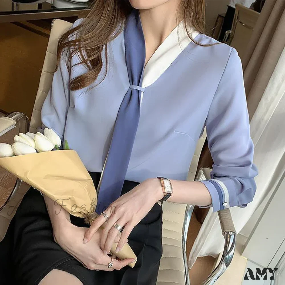 Elegant Scarf Collar Beading Spring Autumn Casual Tops Blouse - Image 3