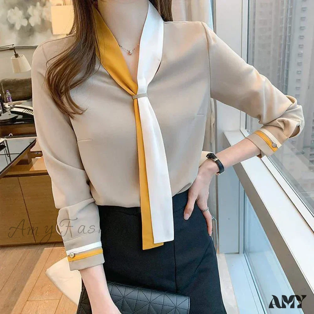 Elegant Scarf Collar Beading Spring Autumn Casual Tops Blouse - Image 4