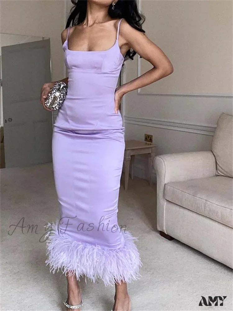 Amy Fashion - Elegant Sleeveless Strap Summer Party Clubwear Sexy Women Aquare Neck Feather Patchwork Slim Vestido - Image 2