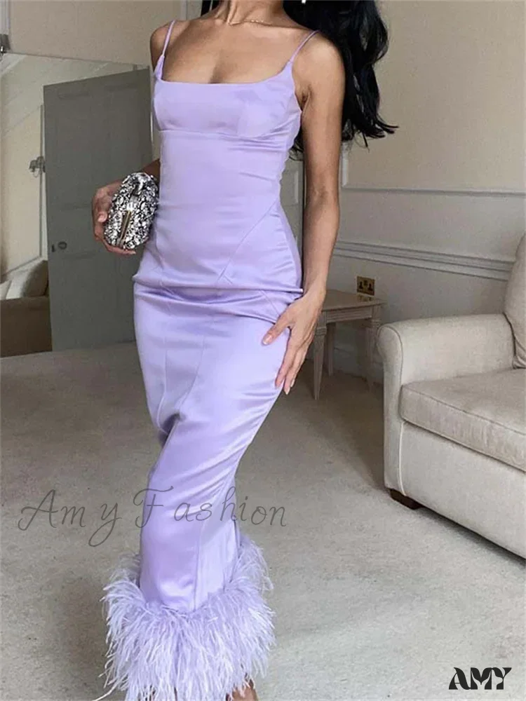 Amy Fashion - Elegant Sleeveless Strap Summer Party Clubwear Sexy Women Aquare Neck Feather Patchwork Slim Vestido - Image 5