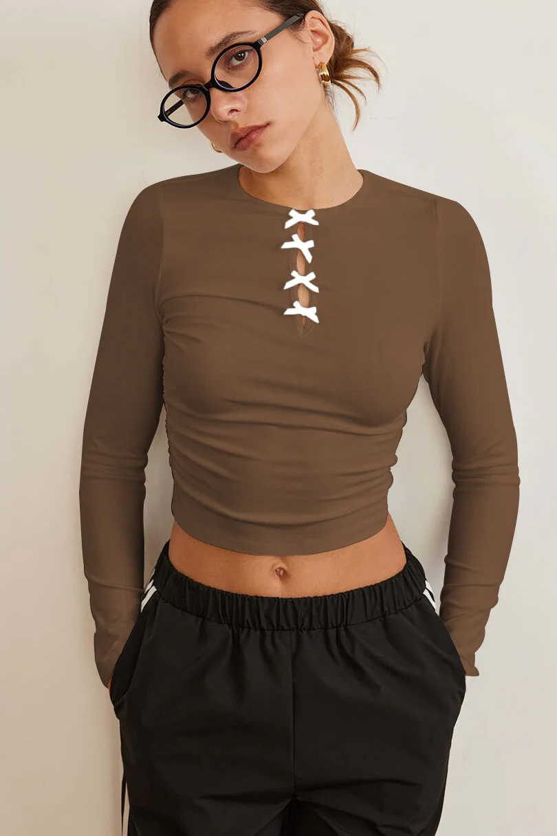 Elegant Solid Bowknot Cutout Slim Base Layer - Image 8