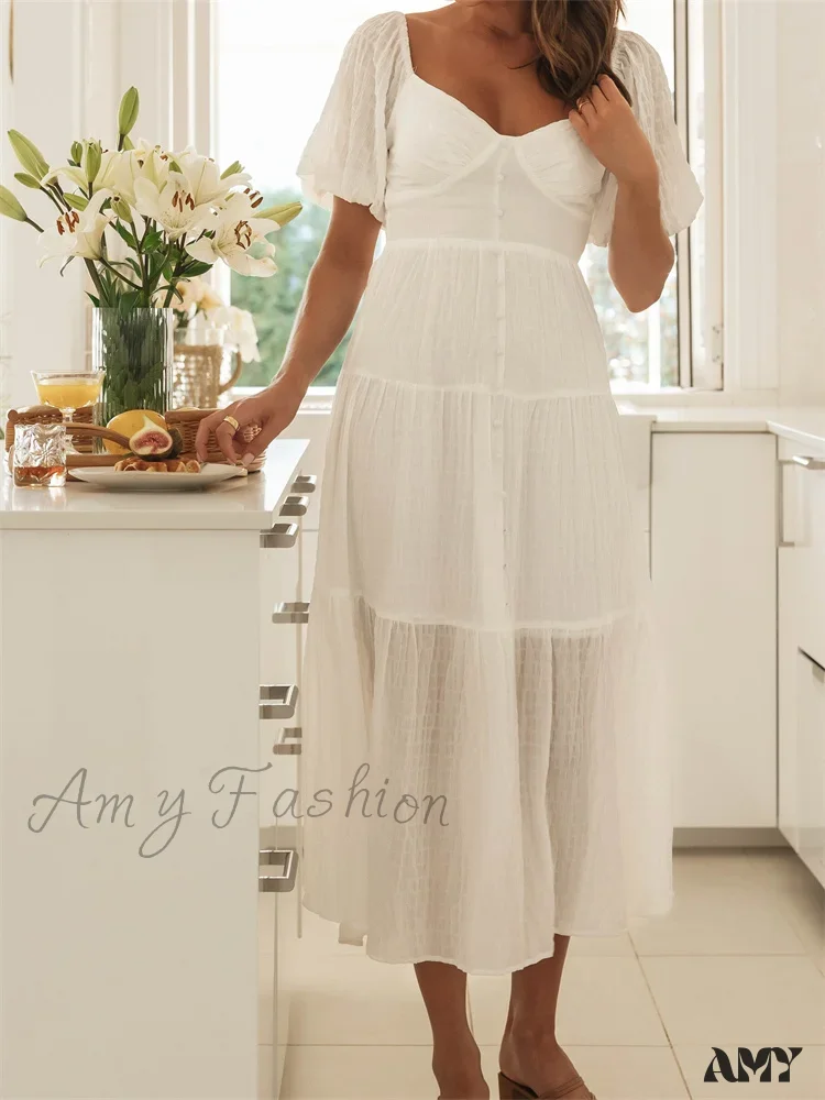 Amy Fashion - Elegant Women  A-Line Short Puff Sleeve V Neck Back Tie-up Knotted  Summer Party Female Vestidos - Image 2