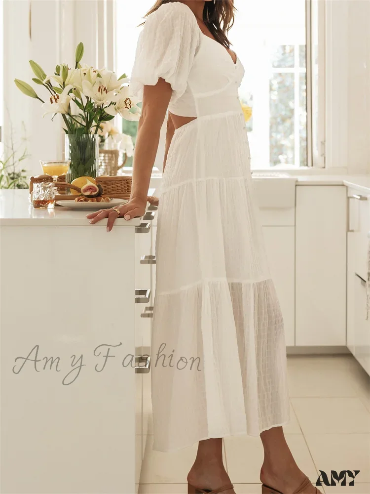 Amy Fashion - Elegant Women  A-Line Short Puff Sleeve V Neck Back Tie-up Knotted  Summer Party Female Vestidos - Image 3