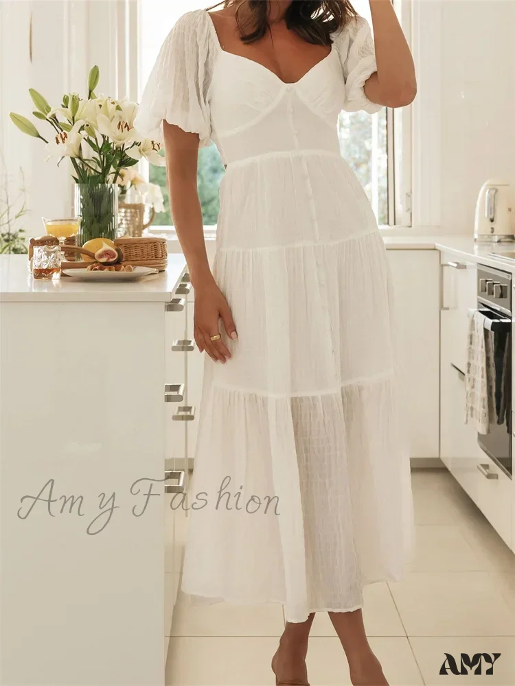 Amy Fashion - Elegant Women  A-Line Short Puff Sleeve V Neck Back Tie-up Knotted  Summer Party Female Vestidos - Image 4