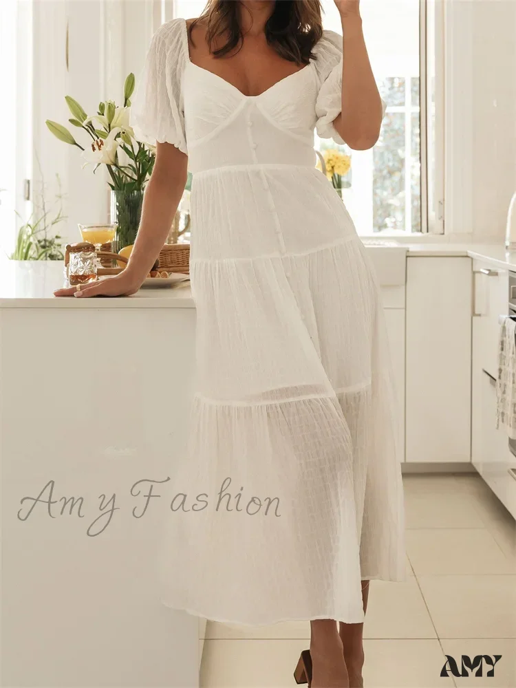 Amy Fashion - Elegant Women  A-Line Short Puff Sleeve V Neck Back Tie-up Knotted  Summer Party Female Vestidos - Image 5