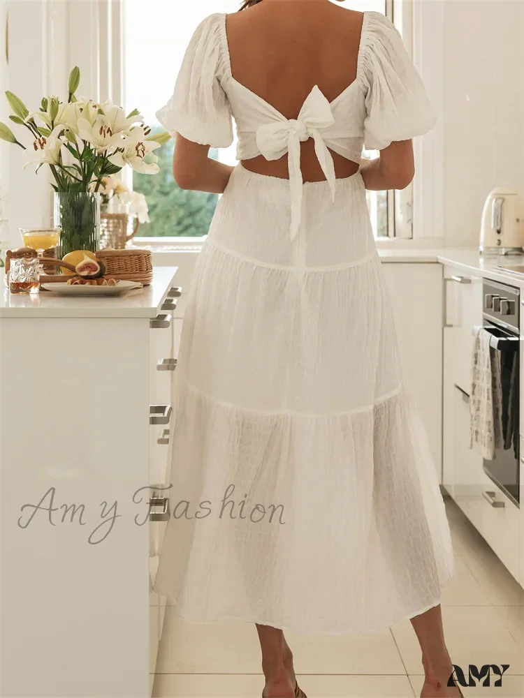 Amy Fashion - Elegant Women  A-Line Short Puff Sleeve V Neck Back Tie-up Knotted  Summer Party Female Vestidos - Image 6