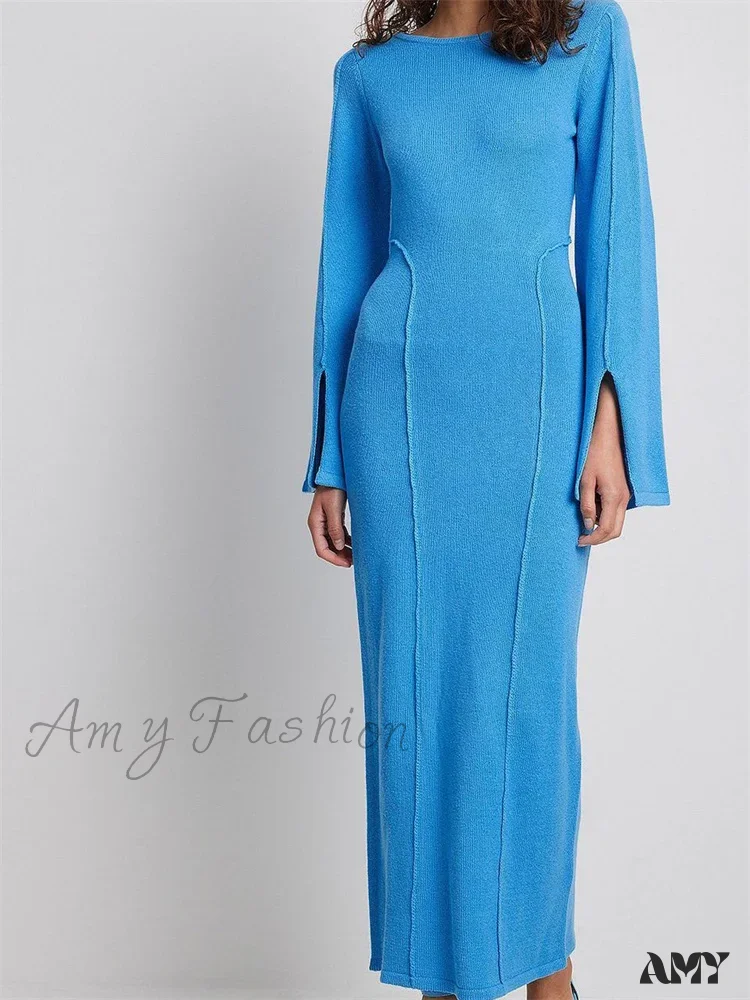 Amy Fashion - Elegant Women Knitted Patchwork Vintage Flare Sleeve Round Neck Slim Fit Solid Party Vestidos
