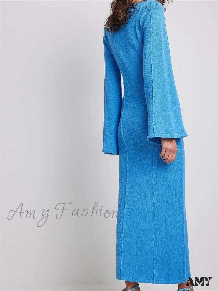 Amy Fashion - Elegant Women Knitted Patchwork Vintage Flare Sleeve Round Neck Slim Fit Solid Party Vestidos - Image 2