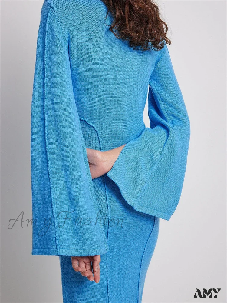 Amy Fashion - Elegant Women Knitted Patchwork Vintage Flare Sleeve Round Neck Slim Fit Solid Party Vestidos - Image 3
