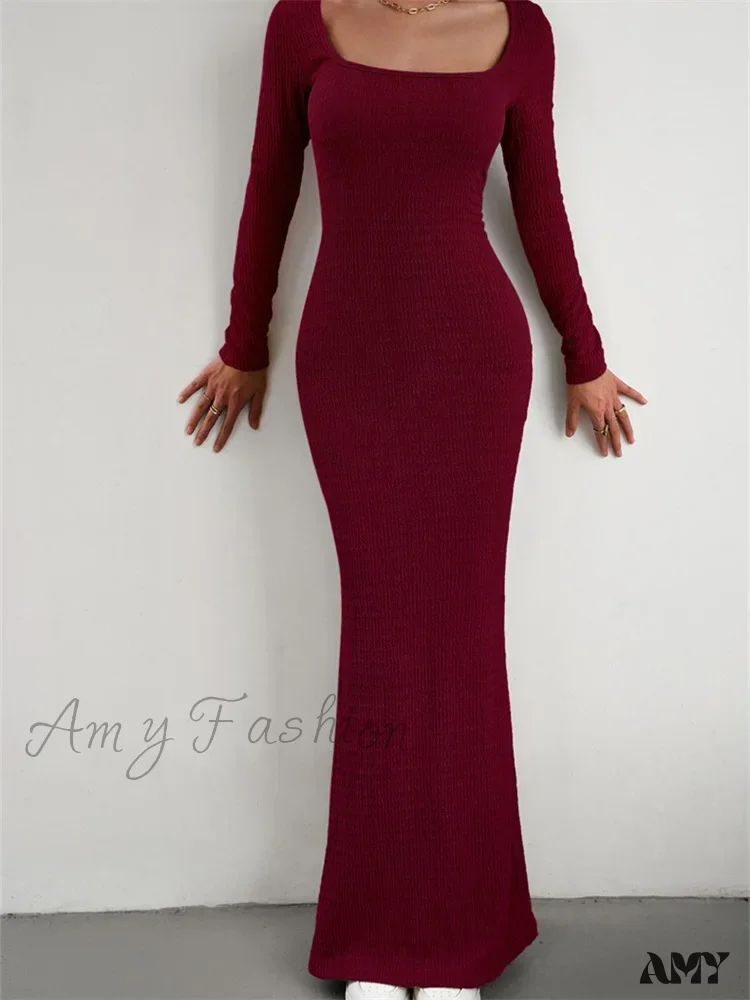 Amy Fashion - Elegant Women Knitted   Sleeve Square Neck Solid Slim Fit Spring Autumn Cocktail Female Vestidos - Image 10