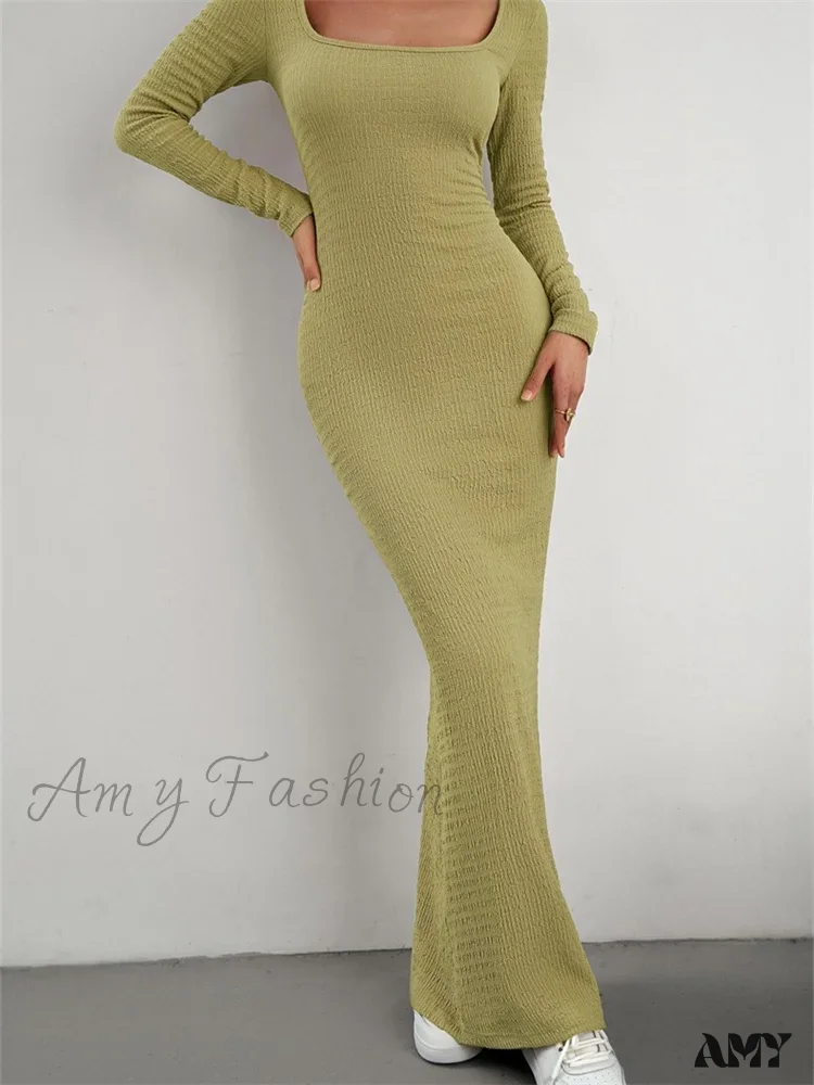Amy Fashion - Elegant Women Knitted   Sleeve Square Neck Solid Slim Fit Spring Autumn Cocktail Female Vestidos - Image 2