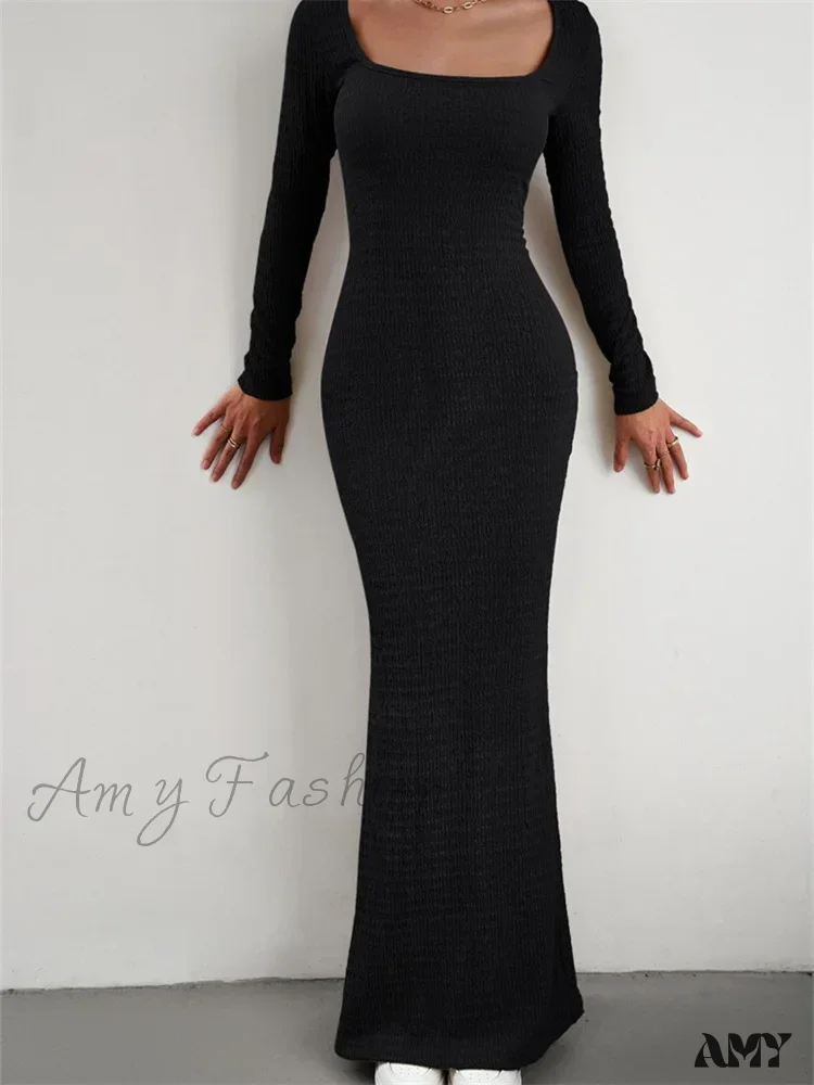 Amy Fashion - Elegant Women Knitted   Sleeve Square Neck Solid Slim Fit Spring Autumn Cocktail Female Vestidos - Image 3