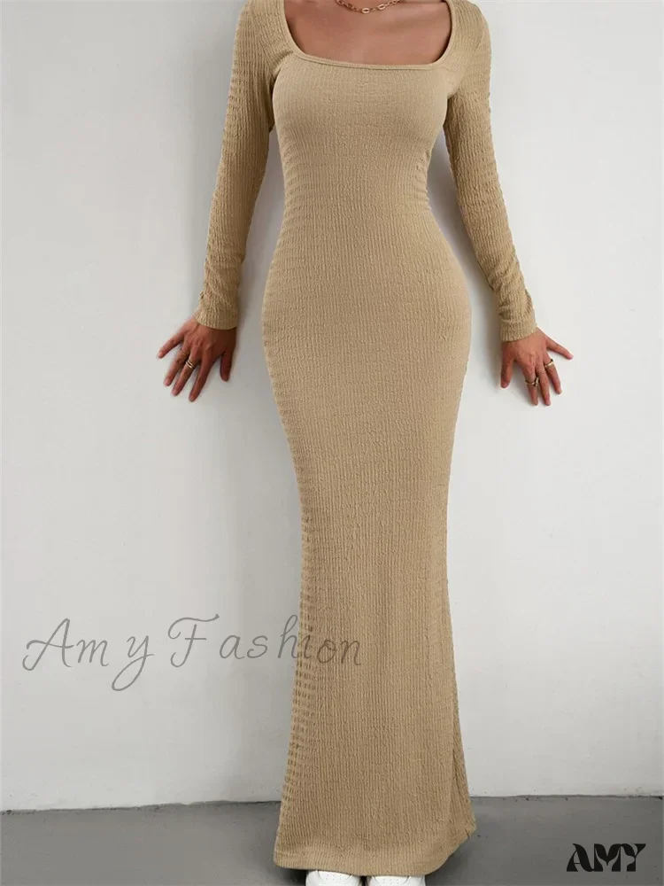 Amy Fashion - Elegant Women Knitted   Sleeve Square Neck Solid Slim Fit Spring Autumn Cocktail Female Vestidos - Image 6