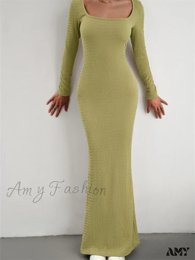 Amy Fashion - Elegant Women Knitted   Sleeve Square Neck Solid Slim Fit Spring Autumn Cocktail Female Vestidos - Image 8