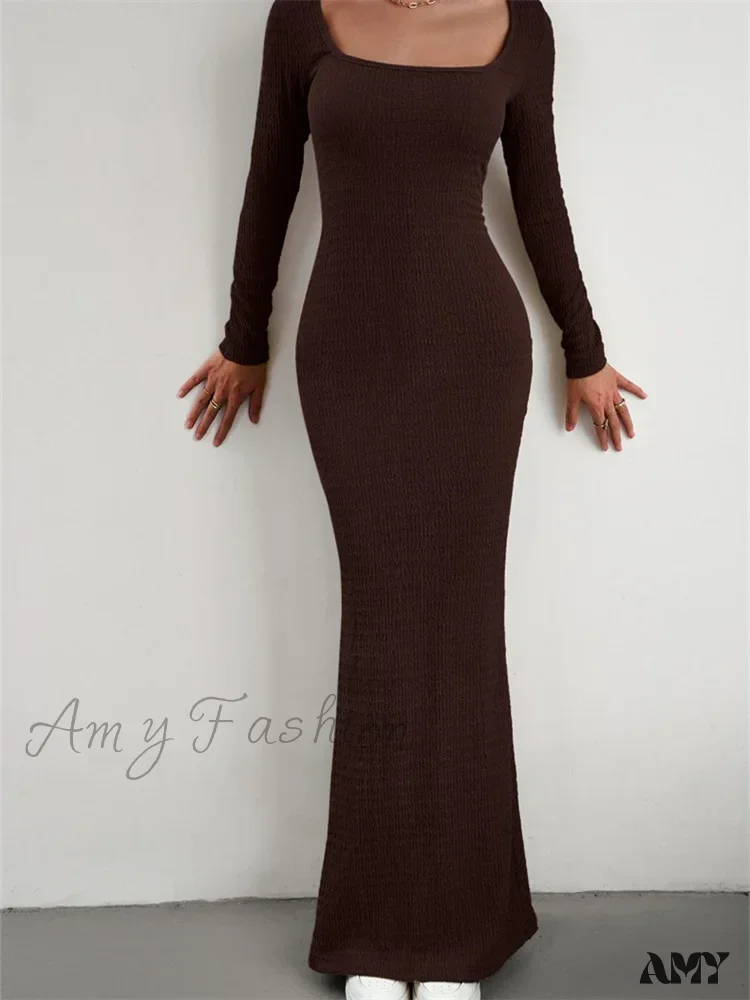 Amy Fashion - Elegant Women Knitted   Sleeve Square Neck Solid Slim Fit Spring Autumn Cocktail Female Vestidos - Image 9