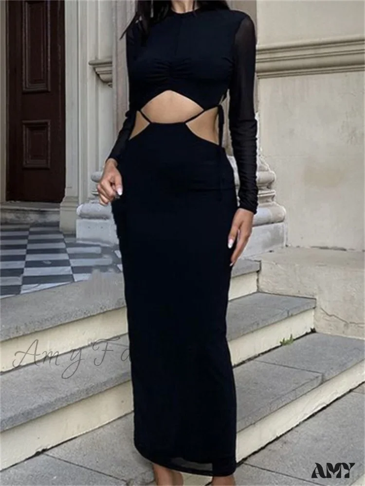 Amy Fashion - Elegant Women Mesh See Through Sleeve O-Neck Waist Hollow Out Tie-up Cocktail Spring Autumn Vestidos