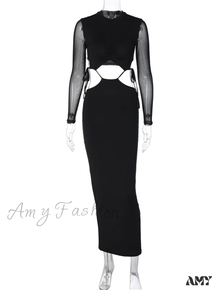 Amy Fashion - Elegant Women Mesh See Through Sleeve O-Neck Waist Hollow Out Tie-up Cocktail Spring Autumn Vestidos - Image 2