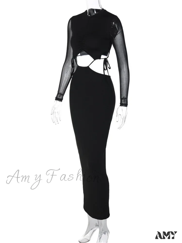 Amy Fashion - Elegant Women Mesh See Through Sleeve O-Neck Waist Hollow Out Tie-up Cocktail Spring Autumn Vestidos - Image 3