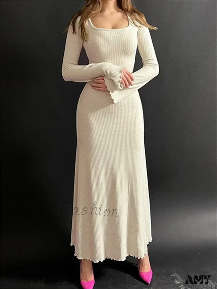 Amy Fashion - Elegant Women Ribbed   Sleeve Square Neck Solid Slim Fit Fall Party Vestido Streetwear - Image 2