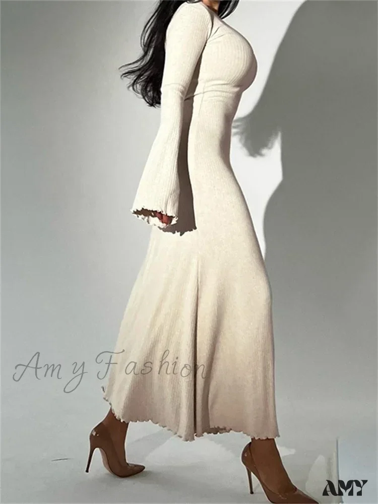 Amy Fashion - Elegant Women Ribbed   Sleeve Square Neck Solid Slim Fit Fall Party Vestido Streetwear - Image 3