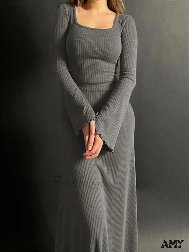 Amy Fashion - Elegant Women Ribbed   Sleeve Square Neck Solid Slim Fit Fall Party Vestido Streetwear - Image 4