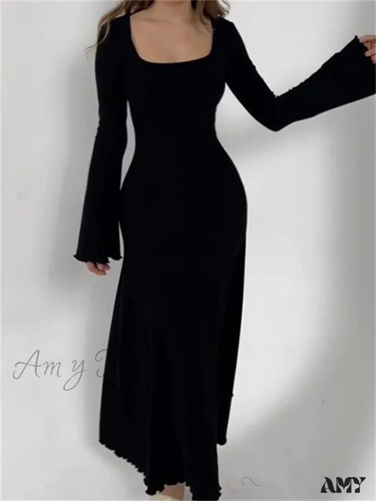 Amy Fashion - Elegant Women Ribbed   Sleeve Square Neck Solid Slim Fit Fall Party Vestido Streetwear - Image 6