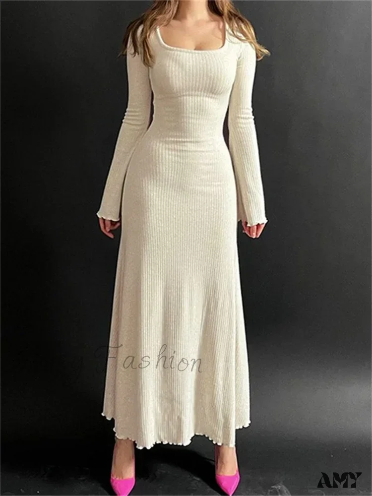 Amy Fashion - Elegant Women Ribbed   Sleeve Square Neck Solid Slim Fit Fall Party Vestido Streetwear - Image 7