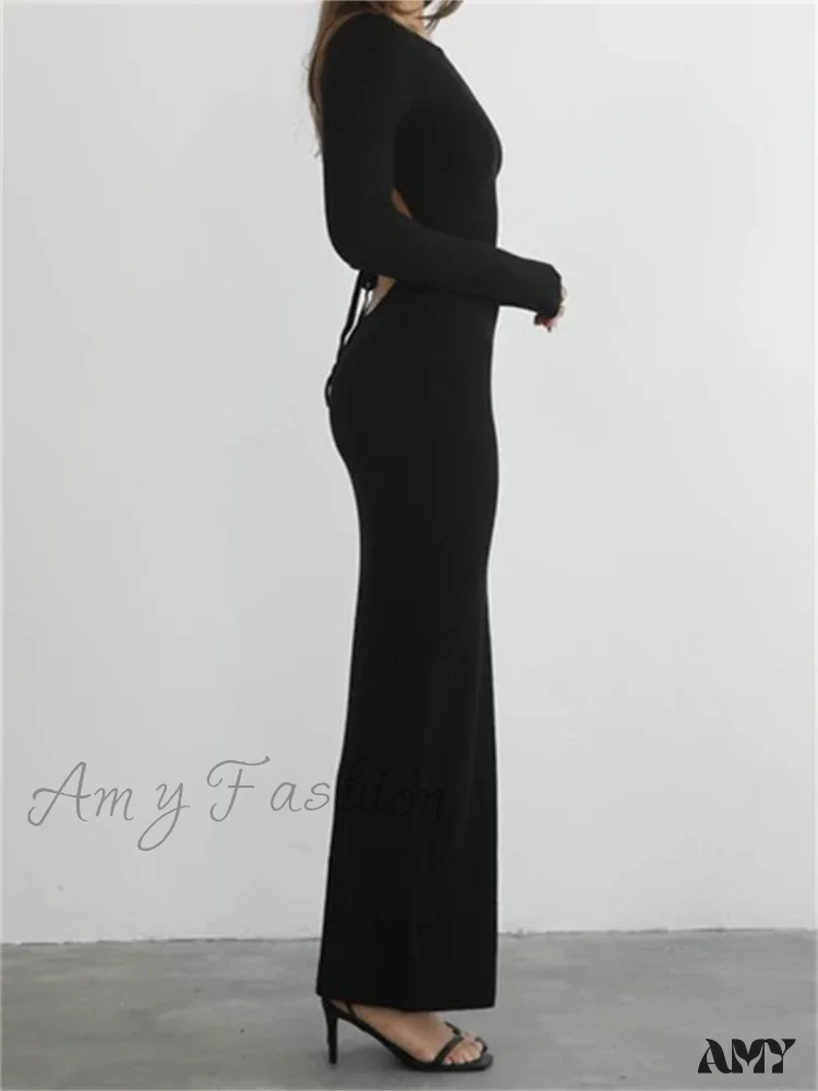 Amy Fashion - Elegant Women Round Neck Party  Solid Color  Sleeve Backless Tie Up Party Female Vestidos - Image 2