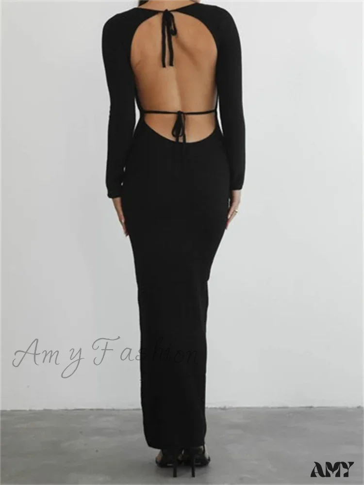 Amy Fashion - Elegant Women Round Neck Party  Solid Color  Sleeve Backless Tie Up Party Female Vestidos - Image 3