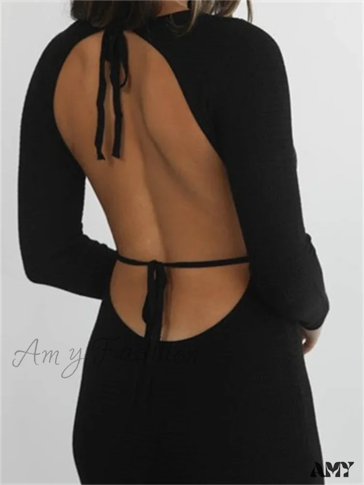Amy Fashion - Elegant Women Round Neck Party  Solid Color  Sleeve Backless Tie Up Party Female Vestidos - Image 4