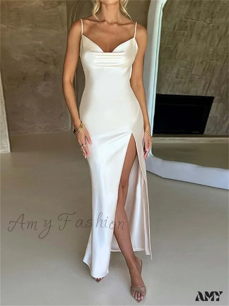 Amy Fashion - Elegant Women Satin V-neck Low Cut Spaghetti Strap Backless Ruched High Split Party Female Vestidos