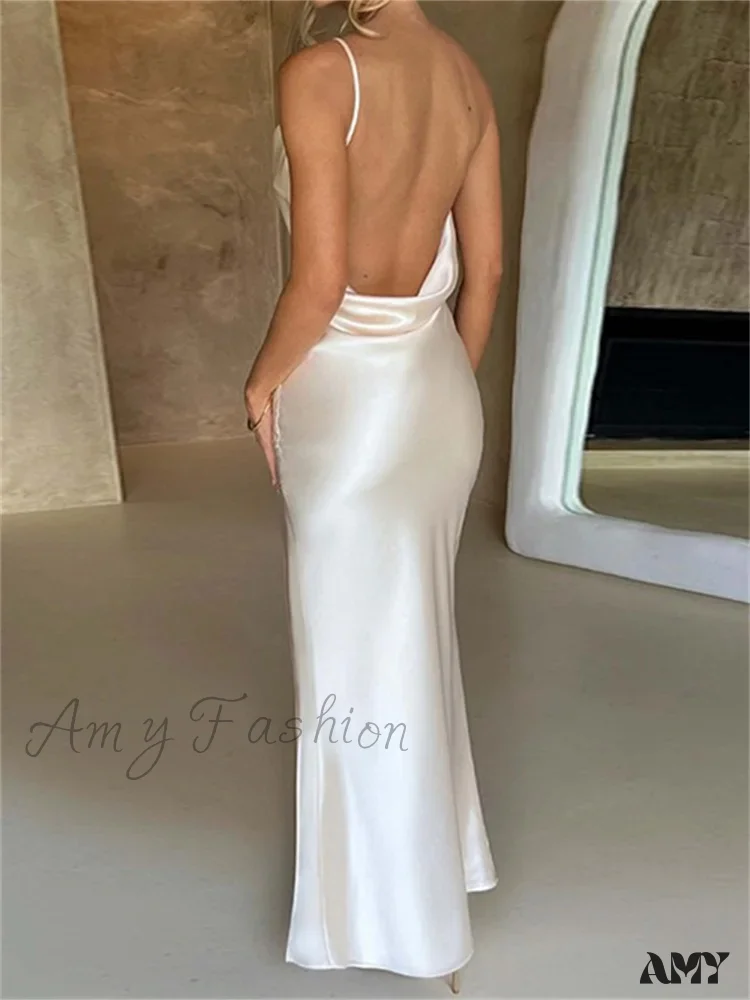 Amy Fashion - Elegant Women Satin V-neck Low Cut Spaghetti Strap Backless Ruched High Split Party Female Vestidos - Image 2