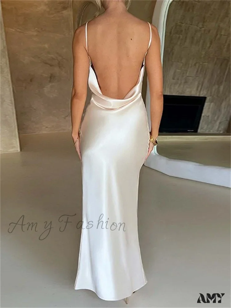 Amy Fashion - Elegant Women Satin V-neck Low Cut Spaghetti Strap Backless Ruched High Split Party Female Vestidos - Image 3
