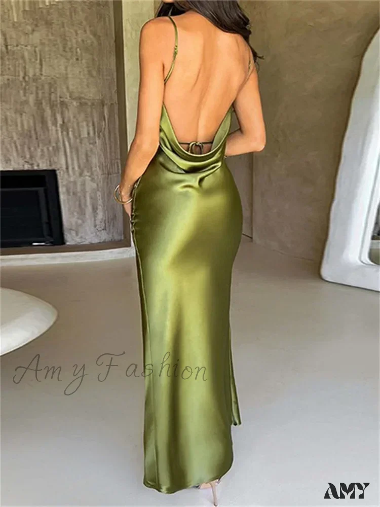Amy Fashion - Elegant Women Satin V-neck Low Cut Spaghetti Strap Backless Ruched High Split Party Female Vestidos - Image 5