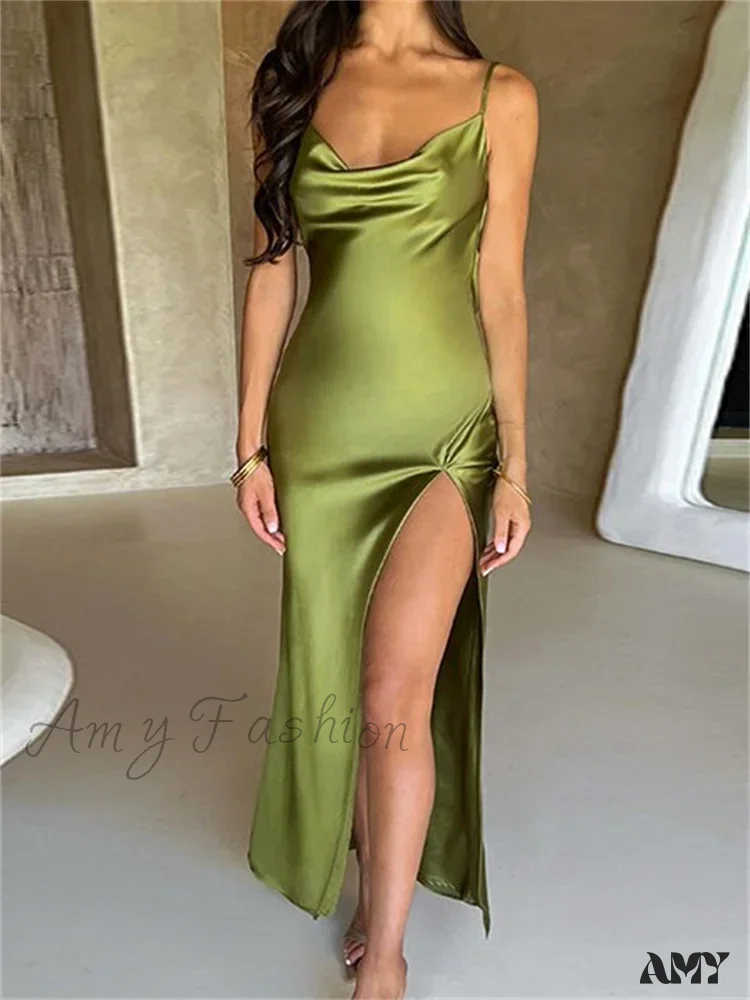 Amy Fashion - Elegant Women Satin V-neck Low Cut Spaghetti Strap Backless Ruched High Split Party Female Vestidos - Image 6