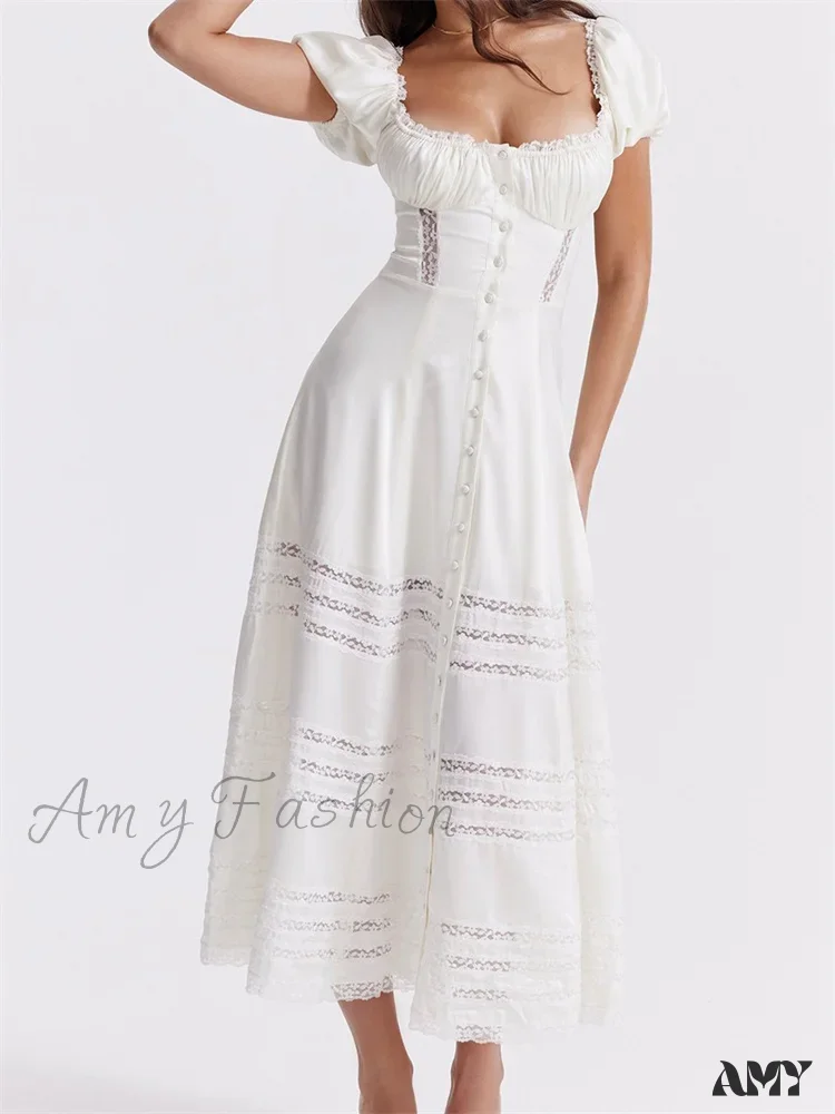Amy Fashion - Elegant Women Short Sleeve Front Buttons Up   Lace Hollow Out High Waist White OL Summer Vestidos - Image 5