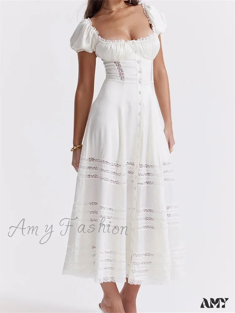 Amy Fashion - Elegant Women Short Sleeve Front Buttons Up   Lace Hollow Out High Waist White OL Summer Vestidos - Image 6