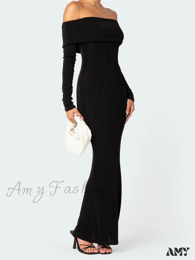 Amy Fashion - Elegant Women  Slash Neck Off Shoulder Bodycon Black Solid  Sleeve Party  Formal Female Vestidos - Image 2