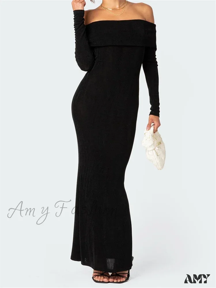 Amy Fashion - Elegant Women  Slash Neck Off Shoulder Bodycon Black Solid  Sleeve Party  Formal Female Vestidos - Image 3